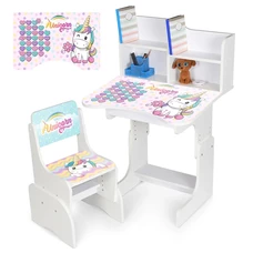 Детская парта со стульчиком N 2071-9-1, высота регулируется, единорог, белый