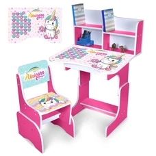 Детская парта со стульчиком N 2071-9-8, высота регулируется, единорог, малиновая