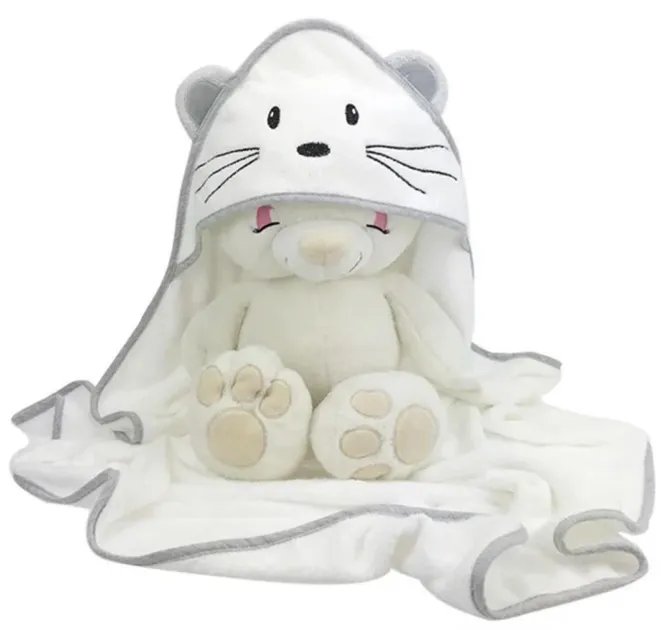 Детское банное полотенце с капюшоном Махровое Бамбуковое Котик Dreamy белое 90х90