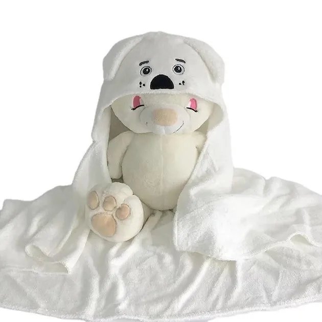 Детское банное полотенце с капюшоном Махровое Бамбуковое Собачка Dreamy белое 75х100