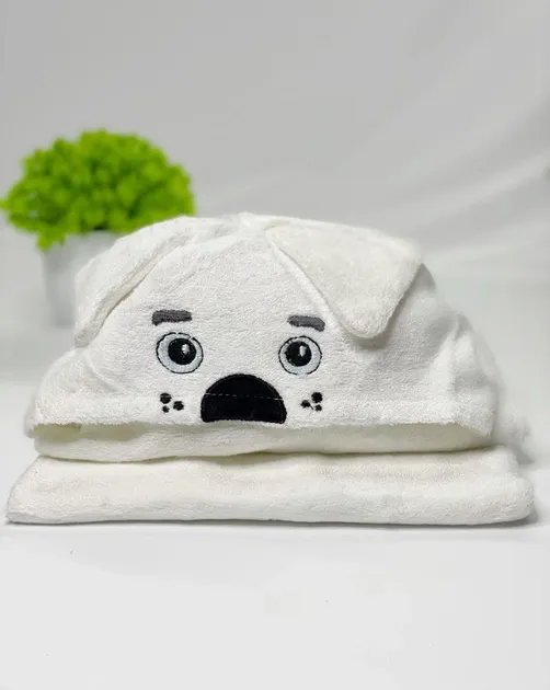 Детское банное полотенце с капюшоном Махровое Бамбуковое Собачка Dreamy белое 75х100