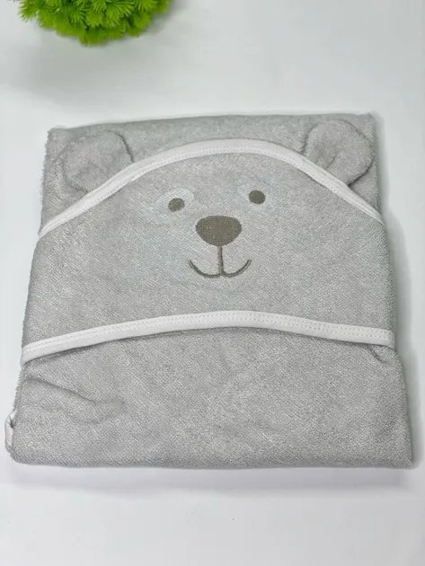 Детское банное полотенце с капюшоном Махровое Бамбуковое Медвеженок Dreamy серое 90х90