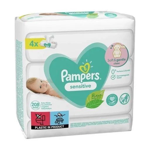 Влажные салфетки детские Pampers sensitive, 4x52 (208) шт/уп (2706303)