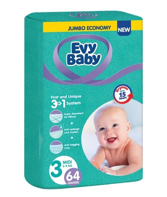 Подгузники детские гигиенические одноразовые Evy Baby Midi Jumbo 5-9 кг 64 шт (8683881000271)