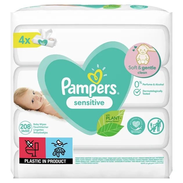 Детские Влажные Салфетки Pampers Sensitive 4х52 шт для нежной и чувствительной кожи Maxi 208 штук мягкие без спирта