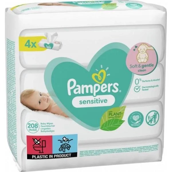 Детские Влажные Салфетки Pampers Sensitive 4х52 шт для нежной и чувствительной кожи Maxi 208 штук мягкие без спирта