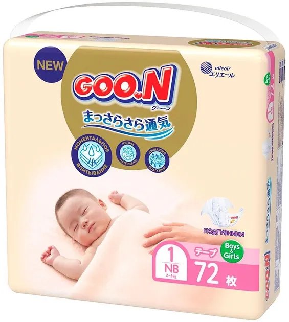 Подгузники Goo.N Premium Soft на липучках для новорожденных 1 NB до 5 кг унисекс 72 шт (863222) (4902011862225)