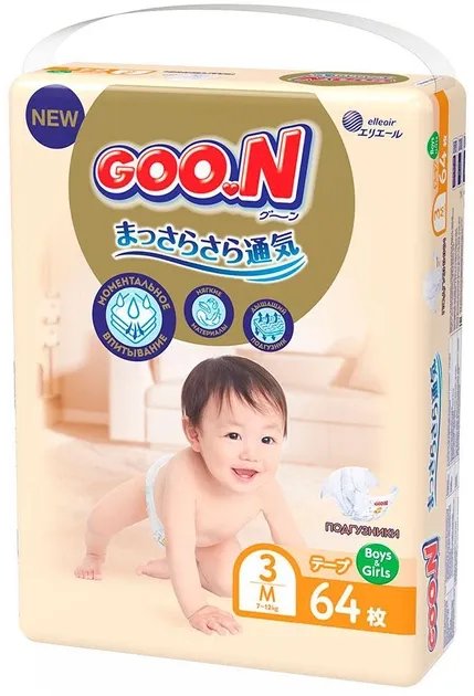 Подгузники Goo.N Premium Soft на липучках размер 3 М 7-12 кг унисекс 64 шт (863224) (4902011862249)