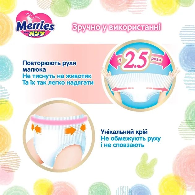 Подгузники-трусики Merries для детей размер M 6-11 кг 58 шт (4901301230591)