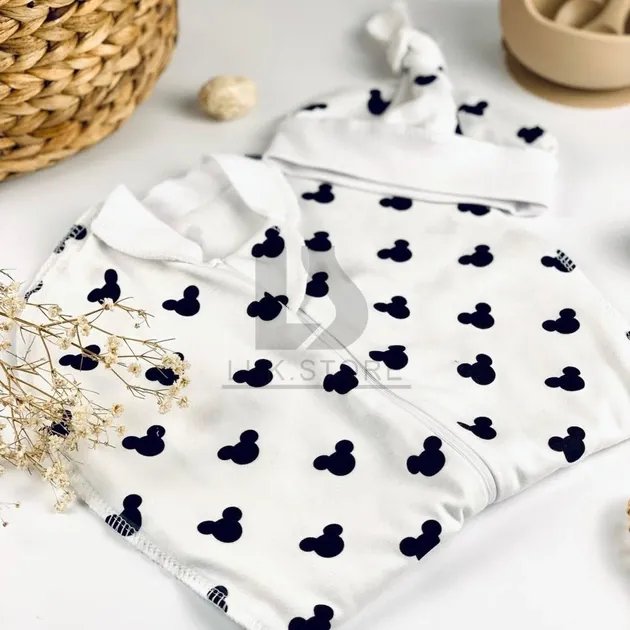 Трикотажная евро пеленка кокон хлопок для новорожденных для немовлят на молнии в комплекте с шапочкой микки 0-3 месяца (8056LUK-1)