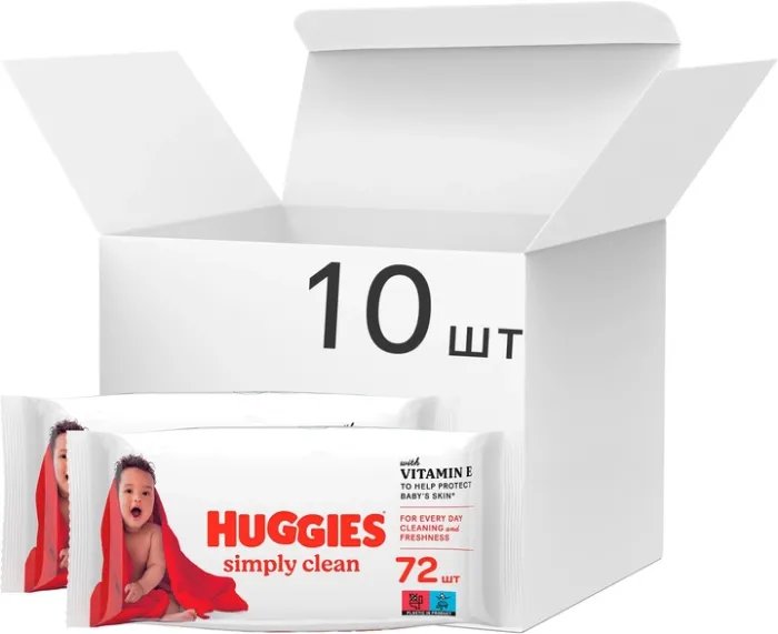 Упаковка влажных салфеток Huggies Simply Clean 72 шт х 10 пачек (5029054238646)