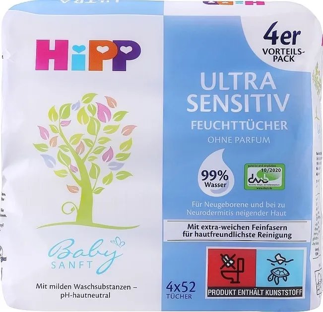 Детские влажные салфетки "Ультранежные", 4 уп. - Hipp BabySanft Ultra-sensitive Wet Wipes 4x52шт (956233-143189)