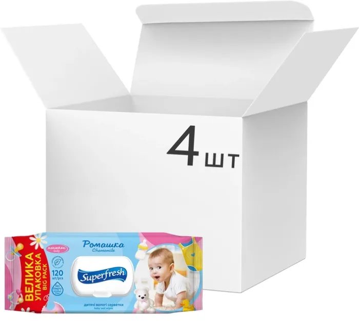 Упаковка влажных салфеток Superfresh Baby Chamomile с клапаном 4 пачки по 120 шт (4823071619010_42105648)