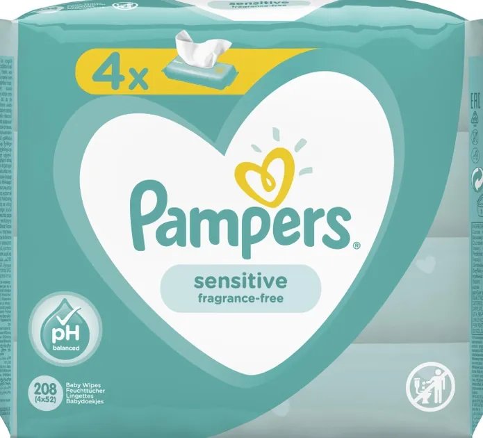 Дитячі вологі серветки Pampers Sensitive 4х52 шт. (8001841062624)