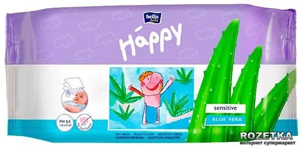 Упаковка детских влажных салфеток Bella Baby Happy Sensetive Aloe Vera 12 пачек по 56 шт (5900516421151)